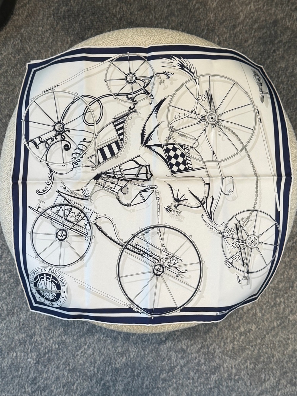 Authentic Hermes Navy and White Carriage Wheel 100% Silk Scarf